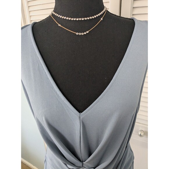 Express Top Womens L Textured Stretch Sleeveless Vneck Tucks Blue Peplum Sash - Picture 2 of 8